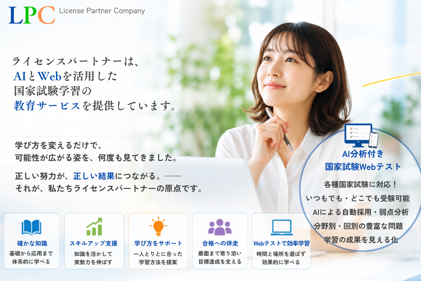 License Partner Company（LPC）のトップページ。AIとWebを活用した国家試験学習サービスを紹介するメインビジュアル