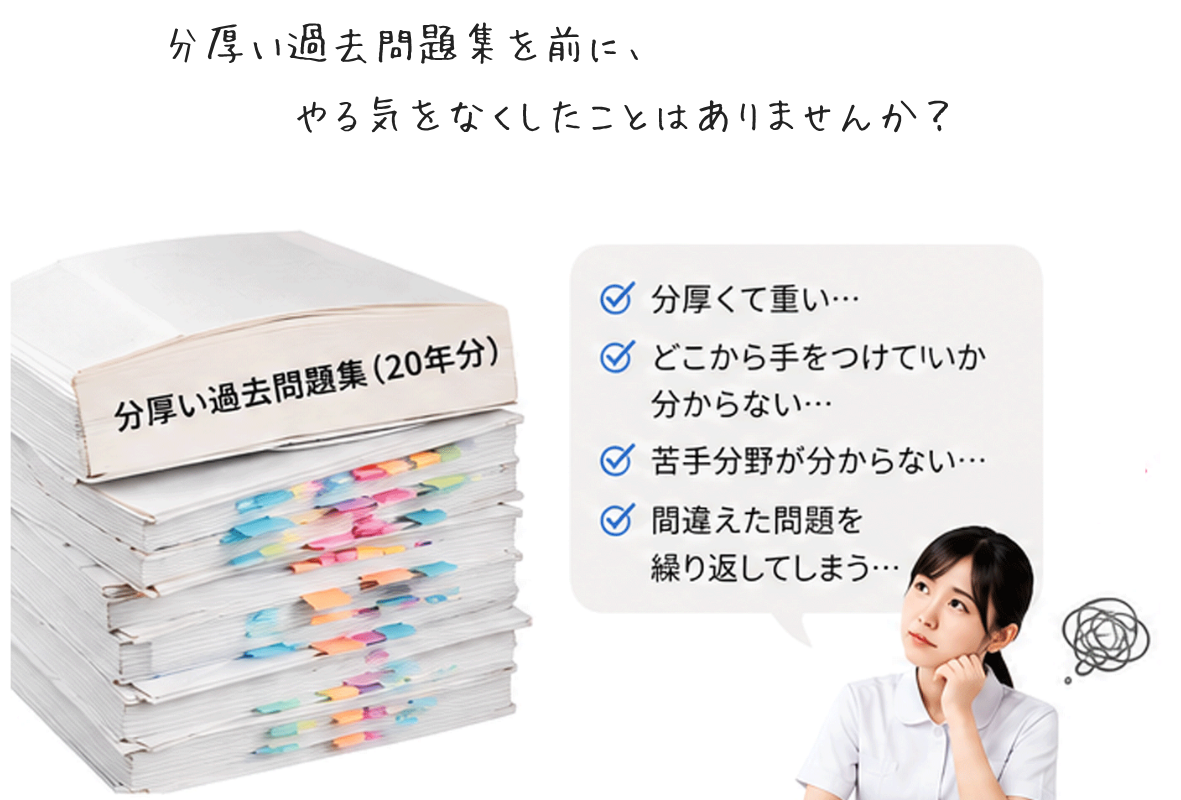 保健師国家試験の分厚い過去問題集で学習に悩む受験生